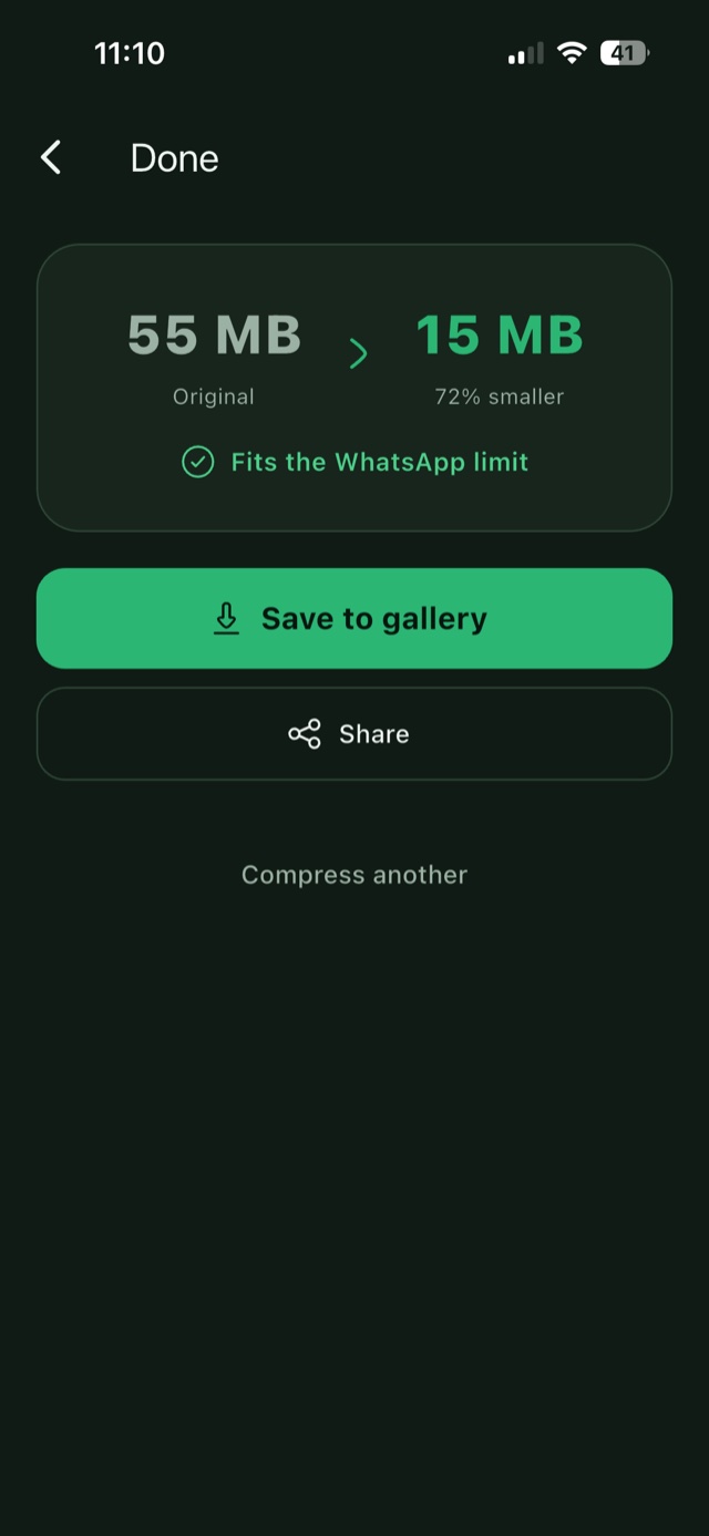 Result screen: 55 MB compressed to 15 MB